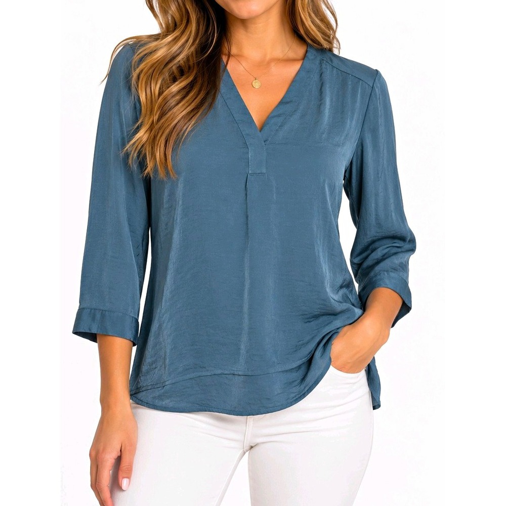 Chico's Size 1 M Teal Blue V Neck Tunic Blouse 3/4 Sleeve High Low Hem Office
